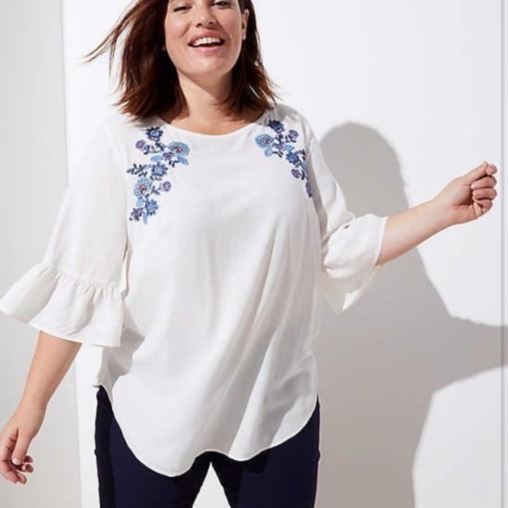 Loft Floral Embroidered Ruffle Cuff Top - Picture 2 of 8